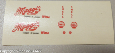 Set 3 Decals 2 Bögen Beschriftungen (Nassabzieher) Maeder, Knauer, Maggi, Shell