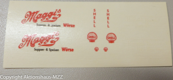 Set 3 Decals 2 Bögen Beschriftungen (Nassabzieher) Maeder, Knauer, Maggi, Shell